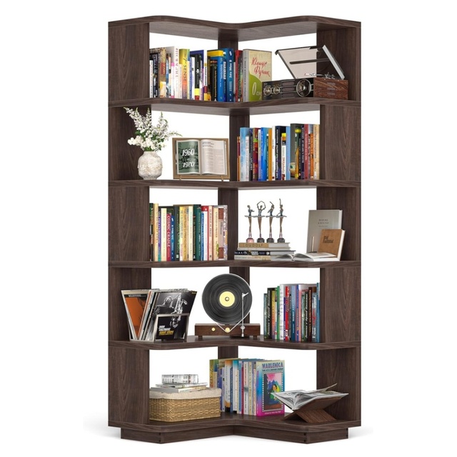 Contemporary Corner Bookshelf 5 Tier Etagere Shelf Space-Saving Storage Backless Design for Living Room Home Office Black Walnut