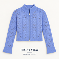 Cardigan personnalisé pour femme, à col montant, entièrement zippé, en maille torsadée, ajouré, à manches longues, court, pour le printemps et les tenues décontractées