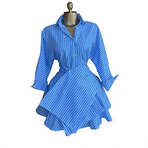 Vestido Camisero Azul a Rayas con Lazo Cruzado, Dobladillo Asimétrico, Manga Larga, Mini Vestido Casual para Primavera - Product Image 4