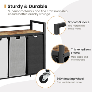 Laundry Hamper 3 Section Rolling Laundry <b>Basket</b> Organizer with 2 Storage Drawers and <b>Large</b> Desktop - Product Image 2