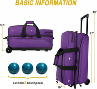 Sac de bowling élégant pour sportifs, noir, grande capacité, avec chariot rétractable à 3 roues et roulettes portables
