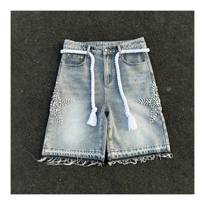 Custom Crystal Rhinestone Design Summer Wear Denim <b>Shorts</b> Heavyweight Vintage Acid Wash Baggy Denim Jeans <b>Shorts</b> - Product Image 1