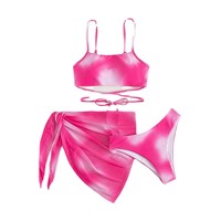 Ensemble 3 pièces pour femmes : maillot de bain bikini tie-dye en mousseline de soie avec jupe fendue et culotte en maille dégradée
