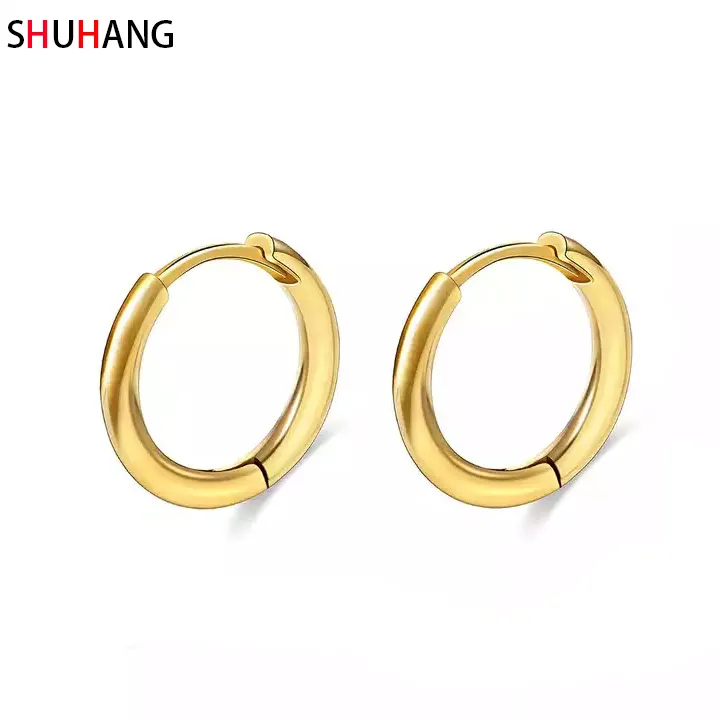 SHUHANG 18k Plated Stainless Steel Round Earrings Small Women Men Black Silver Hoop Earrings