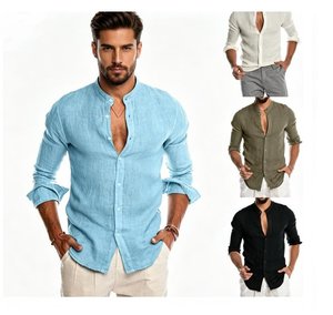 Nuova <span class=keywords><strong>Camicia</strong></span> Hawaiana da Uomo a Maniche Lunghe, in Lino Tinta Unita, Casual, Leggera, Vestibilità Dritta, Collo Coreana - Product Image 1