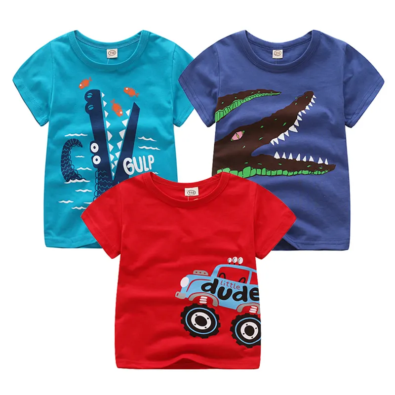 2021 Ali Express Baby Kinder Kurzarm T-Shirts Kind benutzer definierte Logo Top T-Shirts Jungen Mode Auto Dinosaurier Design Tops Kleidung