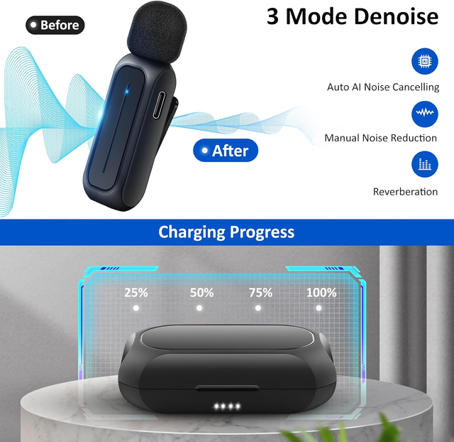 Professional Noise Cancellation Type C Receiver Portable Mini Clip on Wireless Lapel Microphone for Smartphone Recording