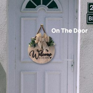 Letrero de bienvenida 3D para puerta Delantera, <span class=keywords><strong>estilo</strong></span> granja, letrero colgante redondo de madera con hojas artificiales y cuentas rústicas, tema artístico - Product Image 6