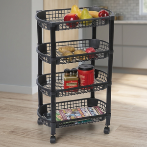Four Tier Plastic Storage <b>Cart</b> with Wheels Round Kitchen Organizer for Food and Supplies Modern Design Standing Type - Product Image 1
