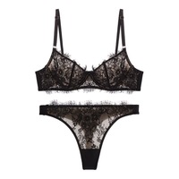 Set Bra dan Panty Renda Baru untuk Wanita, Ultra Tipis Tanpa Jahitan, Set Lingerie Renda Seksi, Bralette dengan Kawat Penyangga, Set Pakaian Dalam T-Back