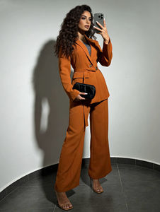 Ensemble <span class=keywords><strong>pantalon</strong></span> deux pièces élégant <span class=keywords><strong>violet</strong></span> foncé avec blazer ceinturé et <span class=keywords><strong>pantalon</strong></span> large plissé pour le bureau – Marque Fangzhijing - Product Image 4