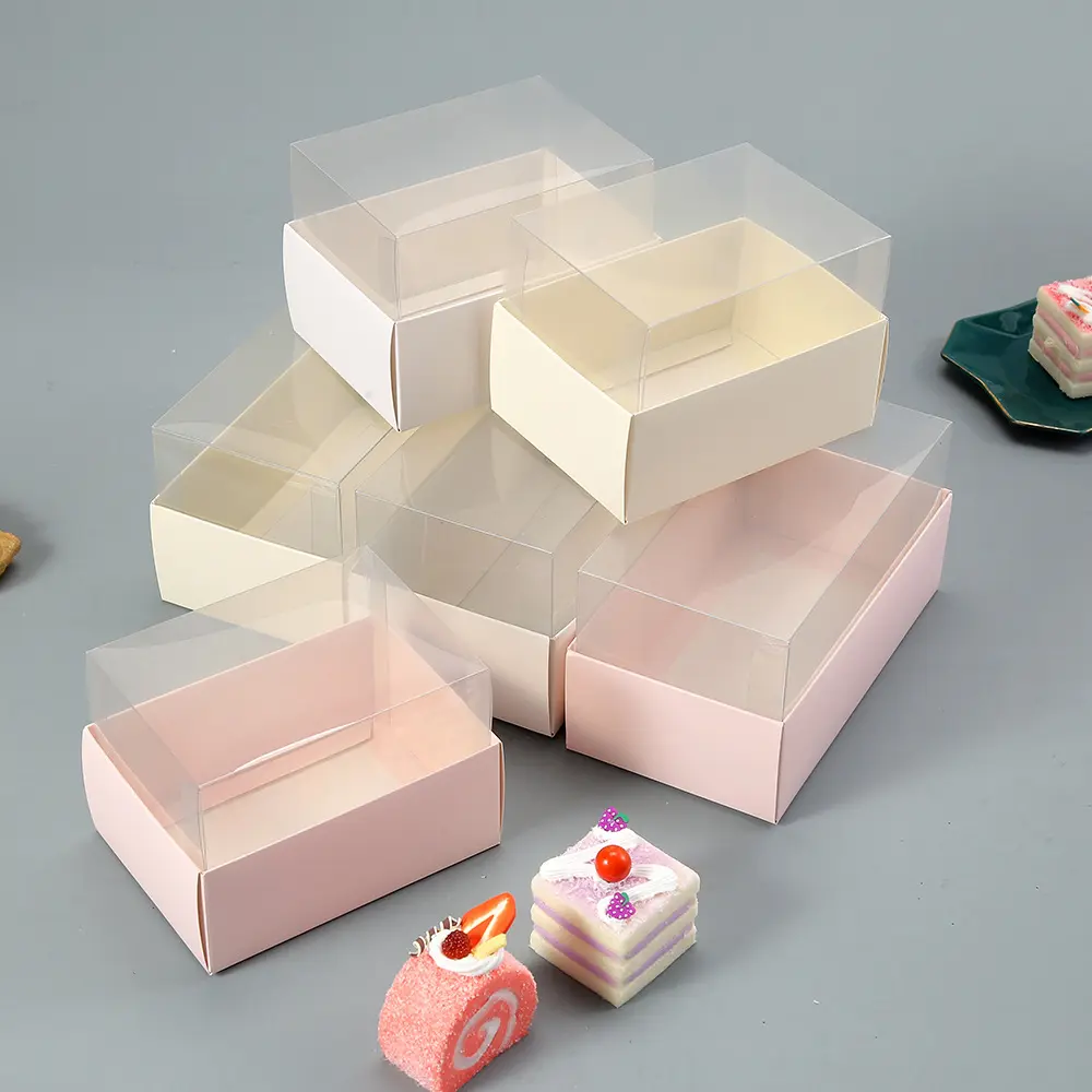 Caja transparente de diseño simple para pastel, Rollo suizo de pan, cajas cuadradas de embalaje de plástico Macaron