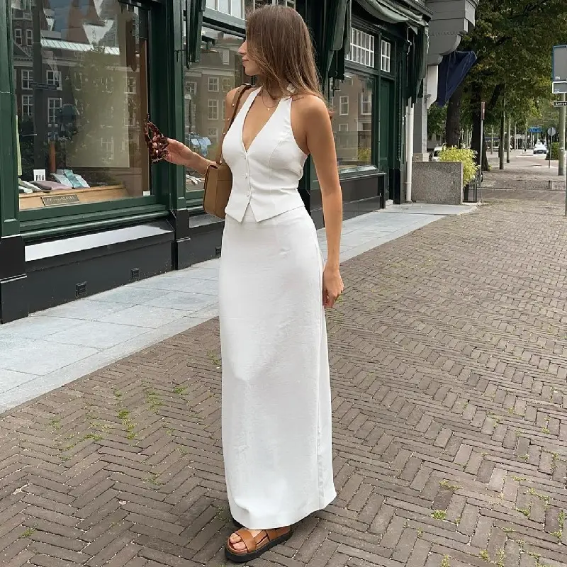 Elegant Women White Sexy Club Sleeveless Backless Halter Crop Top And Office High Split Long Skirts Party 2 pcs Sets Dress 2684