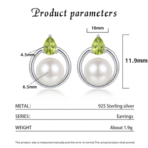 Boucles d'oreilles créoles rondes en cuivre plaqué argent avec péridot vert et zircon cubique, et clous d'oreilles en perle blanche pour femme, bijoux en perles et zircon en forme de poire, cadeau - Product Image 6