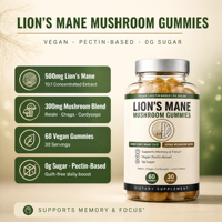 Gummies de Champignons Crinière de Lion Marque Blanche OEM Vente en Gros Végétaliennes Sans Sucre à Base de Pectine Supplément Cérébral Mémoire et Concentration