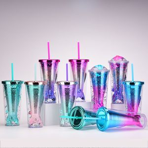 Botella de agua de plástico creativa al por mayor 2026, con diseño de sirena degradado, colorida y brillante, estilo sirena, con pajita, taza de agua con pajita, sirena. - Product Image 2