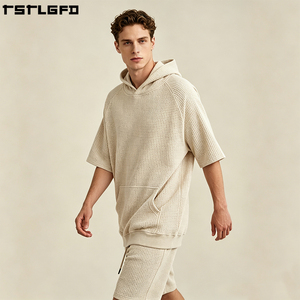 Cut And Sew Waffle Texture <b>Hoodie</b> <b>Short</b> <b>Sleeve</b> Raglan Heavyweight Vintage Baggy Oversized Streetwear Pullover Wholesale - Product Image 5