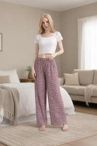 Pantalon large pour femme en coton et fibre de bambou, imprimé floral, coupe ample, taille mi-haute, longueur complète, décontracté, tricoté, respirant, pour l'été - Product Image 2