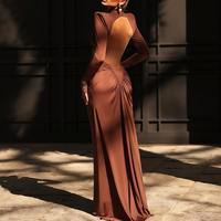 Robe Fourreau Femme Froncée Haute Couture Classique Manches Longues Droite Dos Nu Vestidos Mujer Robe de Soirée Maxi