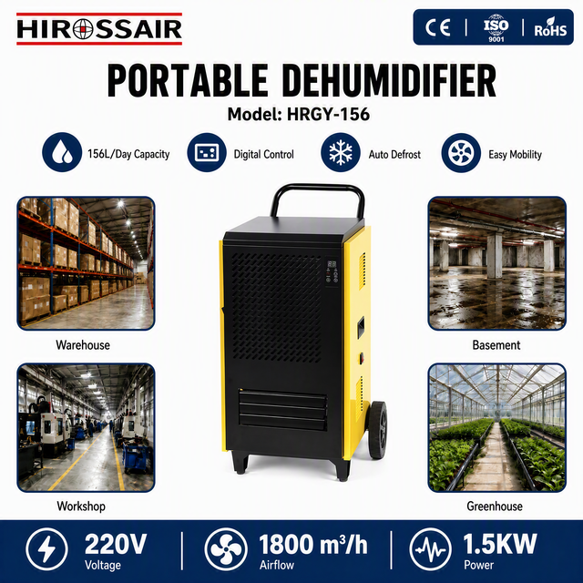 New HIROSS Portable Electric 220V Stainless Steel Dehumidifier 156L/D Digital Display 1800m/H Airflow 0-50dB Quiet Operation 1
