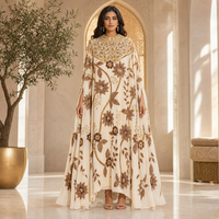 Robe Abaya Kaftan brodée de fleurs dorées pour femmes musulmanes, pour l'Aïd et les mariages