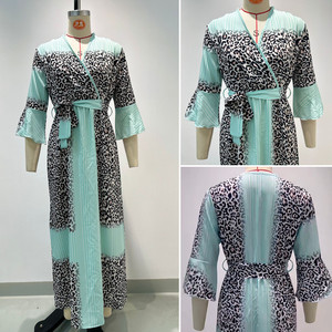 BYJ002 Robes d'été tendance pour femmes, décontractées et élégantes, imprimées léopard, col en V, manches évasées, à lacets, <span class=keywords><strong>robe</strong></span> longue ajustée, <span class=keywords><strong>plage</strong></span> - Product Image 6