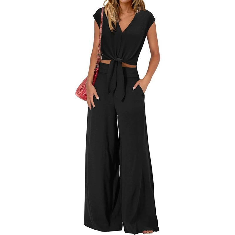 Channel Women's Summer Matching 2 Piece Outfits 2025 Casual Cap Sleeve V Neck Belted Cropped Tops Tie Waist Wide Leg Pant Sets · image 2