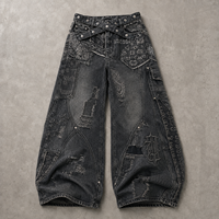 TaiDe – Jeans Ballon Baggy Noir Délavé à Motif Paisley, Effet Usé, Patchwork, Fabrication OEM/ODM, Usine de Vêtements à Marque Privée