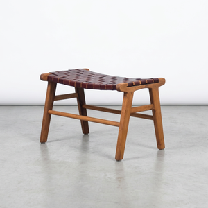Midcentury Modern Wood <b>Footstool</b> With Leather Seat Outdoor Furniture Durable Teak Frame - Product Image 1