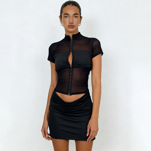 Robe mini chic à col clé et boutons, ajourée, à manches courtes pour femme - Product Image 5