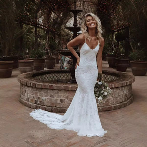 Wedding Dress Mermaid V Neck <b>Lace</b> Backless <b>White</b> Slim Fit For Beach Banquet Evening Gown - Product Image 3