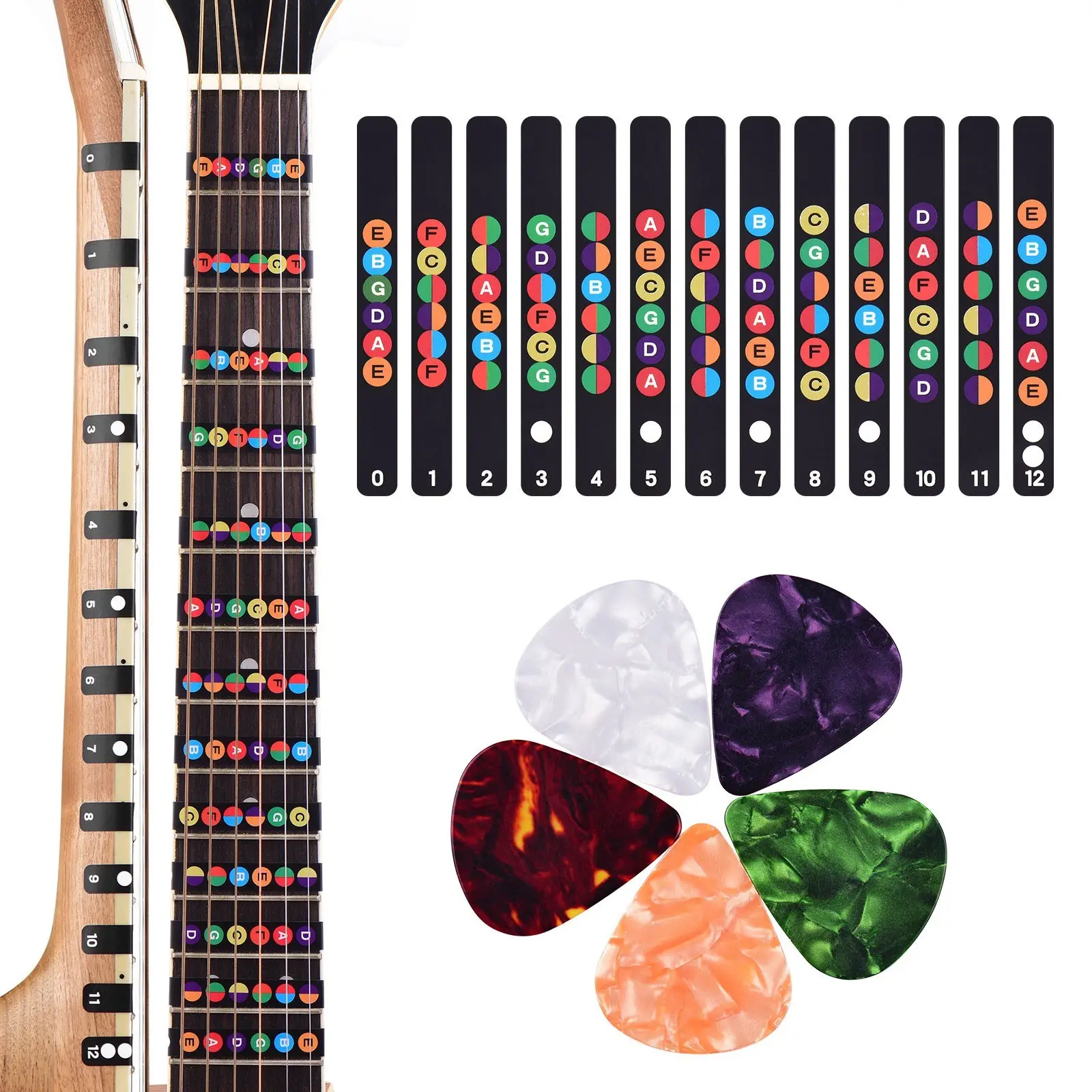 Guitar Fretboard Stickers Colorful Fingerboard Sticker Note Decals for 6 String Acoustic Electric Guitars Beginners Practice Ass