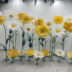 Grandes Fleurs Artificielles Géant Papier Jaune Coquelicot Blanc Organza Marguerite Groupe Stand Pour La Décoration D'événement De Mariage