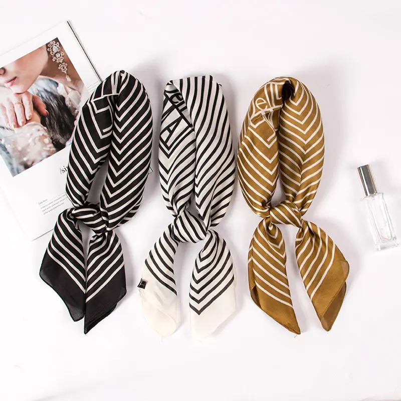 Hot sale thin striped small square silk stain scarf women Hand Kerchief handle bag scarf