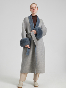 QC25009 Giacca <span class=keywords><strong>Lunga</strong></span> in Lana di Lusso da Donna, Stile Vintage Traspirante con Cintura e Vera <span class=keywords><strong>Pelliccia</strong></span> di Volpe, Moda Invernale - Product Image 4