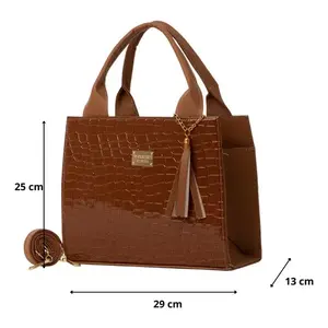 Bolso de Mano para Mujer Fana Alejandra, Color Camel, PU con Patrón de Cocodrilo, Decoración de Borlas, Forma de Cruz, Dos Correas, Uso Diario - Product Image 4