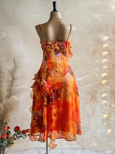 Vintage Boho Floral Print Asymmetrical High-Waisted <b>Spaghetti</b> <b>Strap</b> Midi <b>Dress</b> with Ruffle Trim V-Neck Chiffon Fabric - Product Image 2