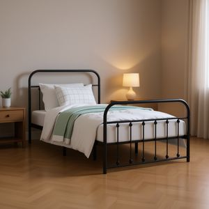 <b>Single</b> Metal <b>Bed</b> Frame <b>Black</b> Powder Coated Steel Industrial Design Bedroom Furniture - Product Image 2