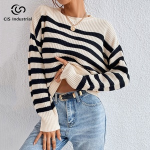 Fashion Sweater Striped Yarn Knitting Wool Sweater Loose Pullover Crewneck Knitwear <strong>Woolen</strong> for Women Casual <strong>Top</strong> - Product Image 1