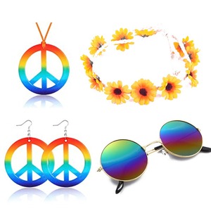 Venta caliente <span class=keywords><strong>Hippie</strong></span> traje joyería conjunto para Halloween Mardi Gras signo de la paz collar flor corona diadema y arcoíris gafas de sol - Product Image 1