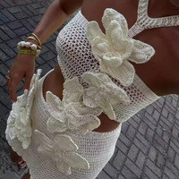 Robe mini en maille tricotée pour femme, style vintage, 3 couleurs, en satin naturel et mousseline, avec fleurs 3D au crochet, idéale pour la plage et les soirées estivales