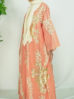 Ensemble de 2 pièces, abaya noire musulmane avec hijab, broderie or corail, robe maxi, vêtements islamiques modestes, abaya pour femmes, robe musulmane