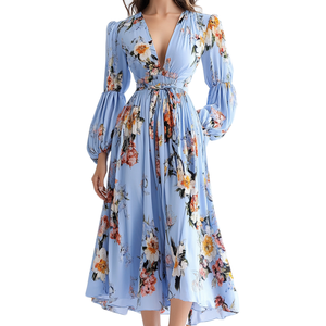 Vendita calda da donna con scollo <span class=keywords><strong>a</strong></span> V <span class=keywords><strong>a</strong></span> vita lunga maniche <span class=keywords><strong>a</strong></span> <span class=keywords><strong>palloncino</strong></span> <span class=keywords><strong>a</strong></span> vita alta <span class=keywords><strong>abiti</strong></span> stampati <span class=keywords><strong>a</strong></span> fiori donna <span class=keywords><strong>taglie</strong></span> <span class=keywords><strong>forti</strong></span> abito Casual - Product Image 3