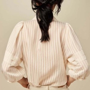 Camicetta Elegante da <span class=keywords><strong>Donna</strong></span> <span class=keywords><strong>Beige</strong></span> a Righe con Scollo a V, Maniche a 3/4 a Sbuffo, Camicia Casual da Ufficio per Primavera Estate - Product Image 5