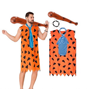 Caveman Cosplay <b>Costume</b> Men Orange Black Pattern With Blue Scarf And Club Halloween <b>Costume</b> For Adults - Product Image 1