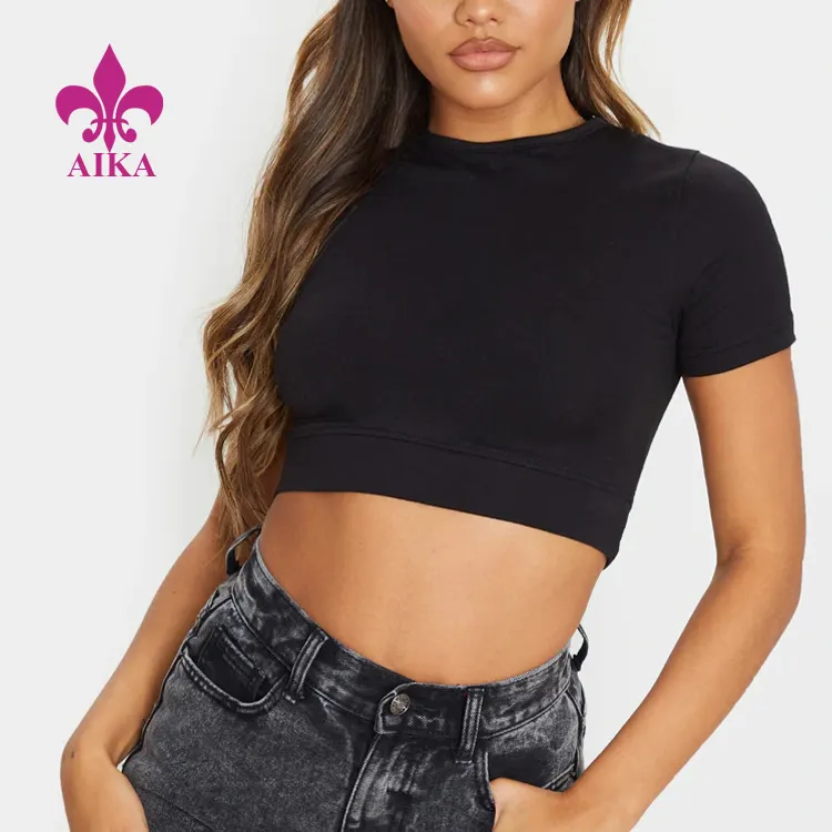 Hot Sale Custom Printing Logo High Quality Woman Clothing Girl's Slim Fit Black Women's T Shirt Crop Tops
