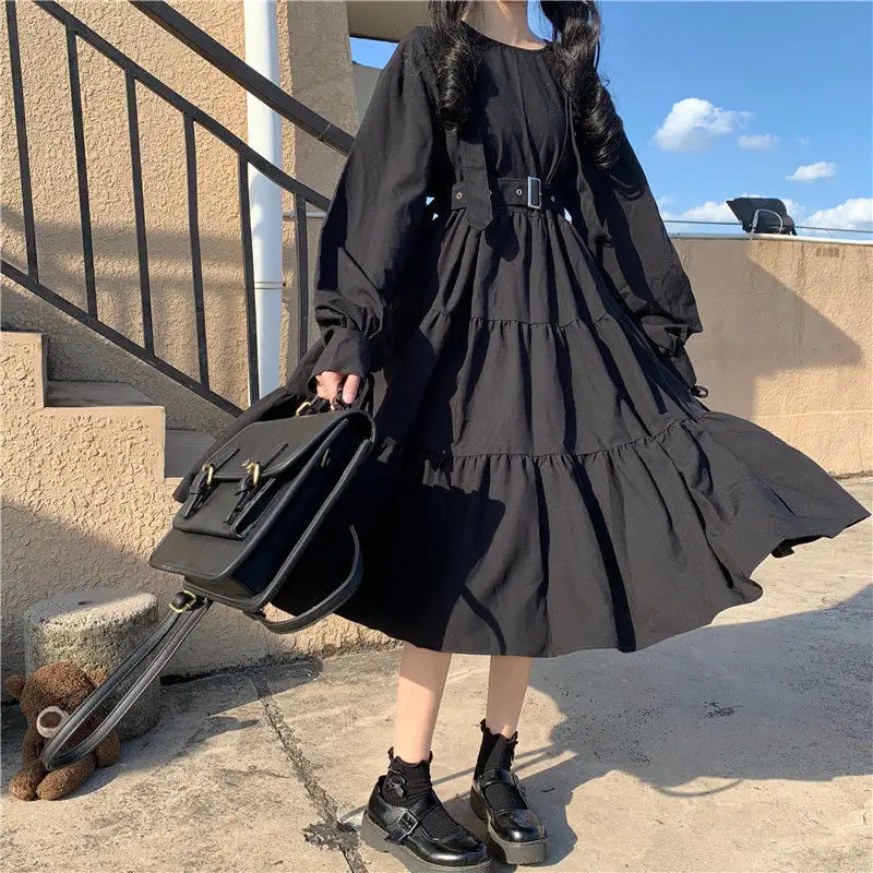 2022 New Arrival Punk Solid Black Gothic Style Oversize Cute Long Sleeve Midi Pleated Lolita Dress