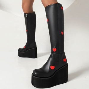 Women High Wedge Long <b>Boots</b> Cute Heart Shape Platform Thick Bottom Shoes Side Zipper Knee High Booties Wedges Heels - Product Image 5