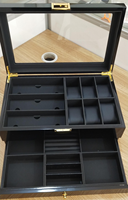 Boîte de rangement pour lunettes de soleil et bijoux pour homme en cuir grain de bois rouge, 1 ou 2 niveaux, avec fenêtre en verre, pour bagues et colliers