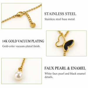 สร้อยคอผีเสื้อสแตนเลสสตีลชุบทอง 14K แบบสุญญากาศเคลือบสีดำพร้อมจี้มุกเทียม - Product Image 4